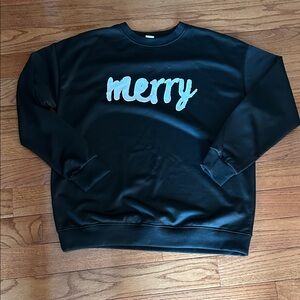 Women's Black Crewneck Top with 'Merry' Design